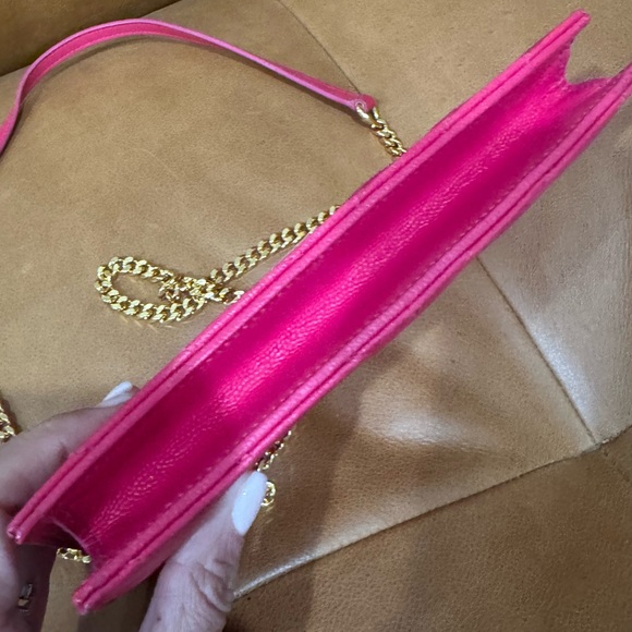 YSL Saint Laurent Bright Pink Chevron Quilted Caviar Leather Wallet on Chain WOC - Picture 6 of 17